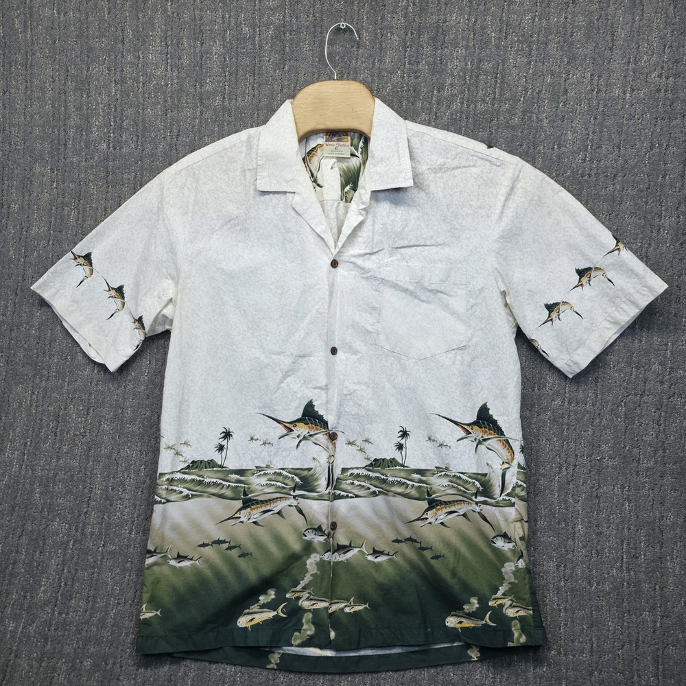 Winnie Fashion Hawaiian Shirt Mens XL Made in Hawaii Marlin Fishing White Cotton